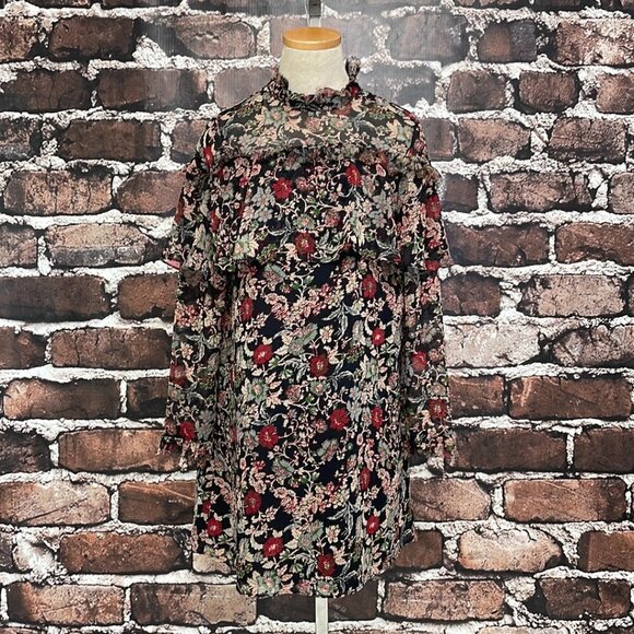 Zara Basic Collection Long Sleeve Dress Fringe Floral Red Black Size Small S - Picture 5 of 17